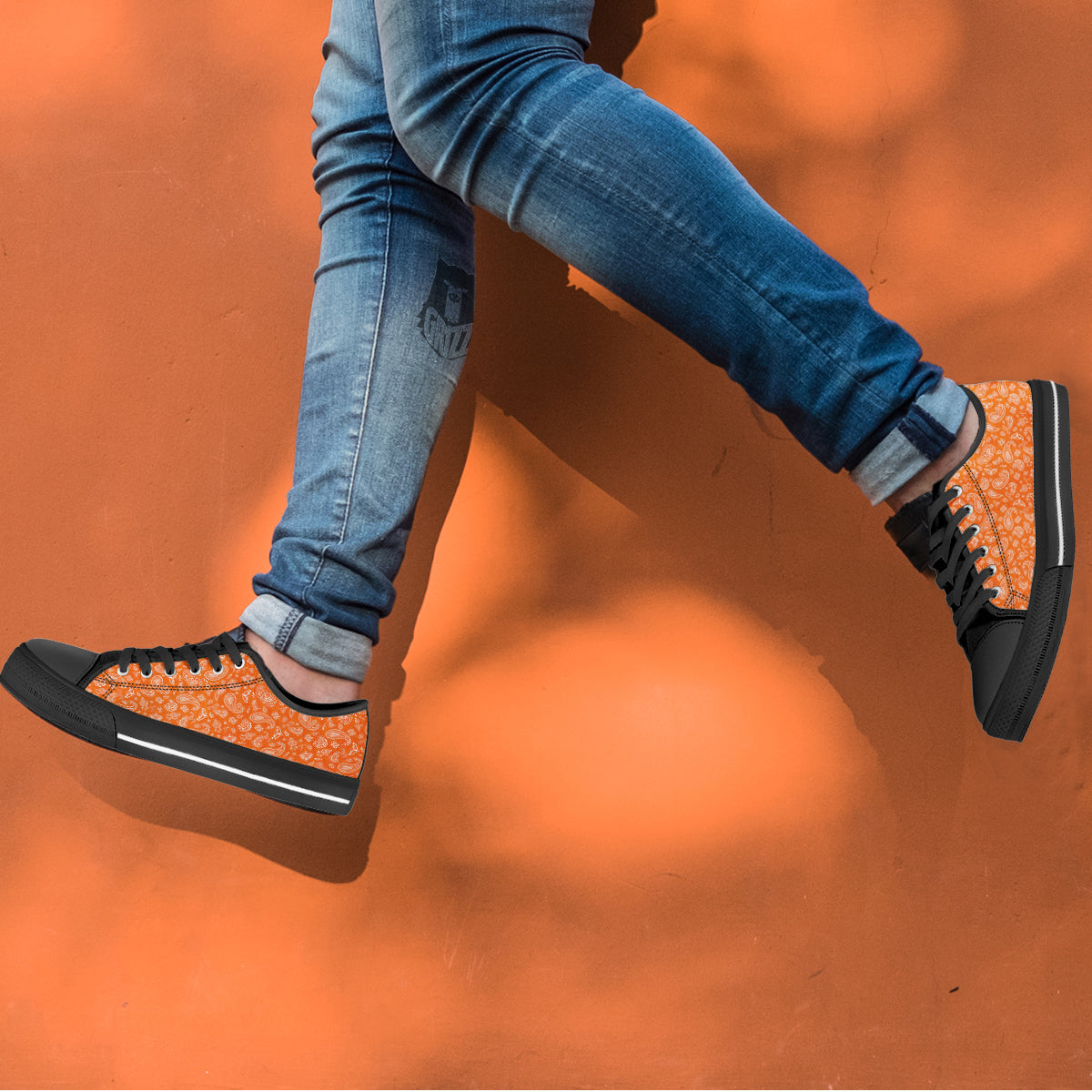 Orange Paisley Bandana Print Black Low Top Shoes-grizzshop