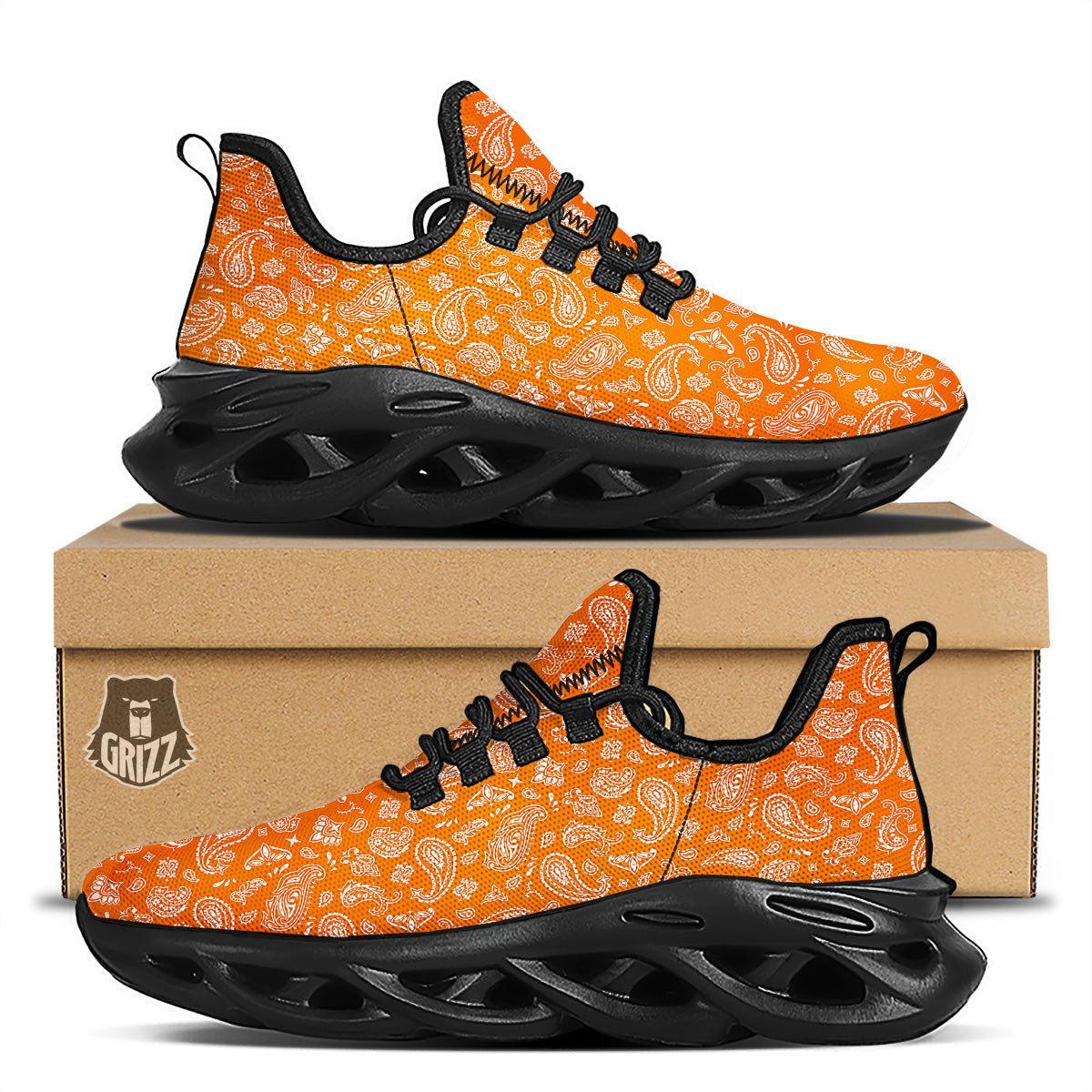 Orange Paisley Bandana Print Black Running Shoes-grizzshop