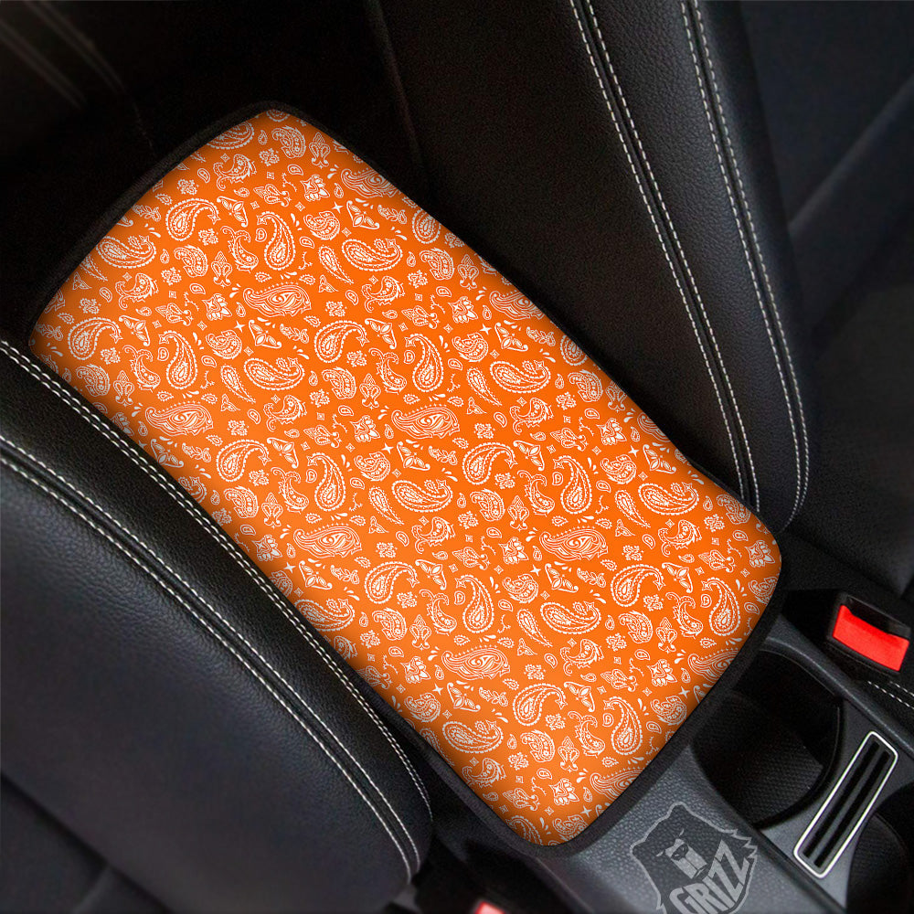 Orange Paisley Bandana Print Car Center Console Cover-grizzshop