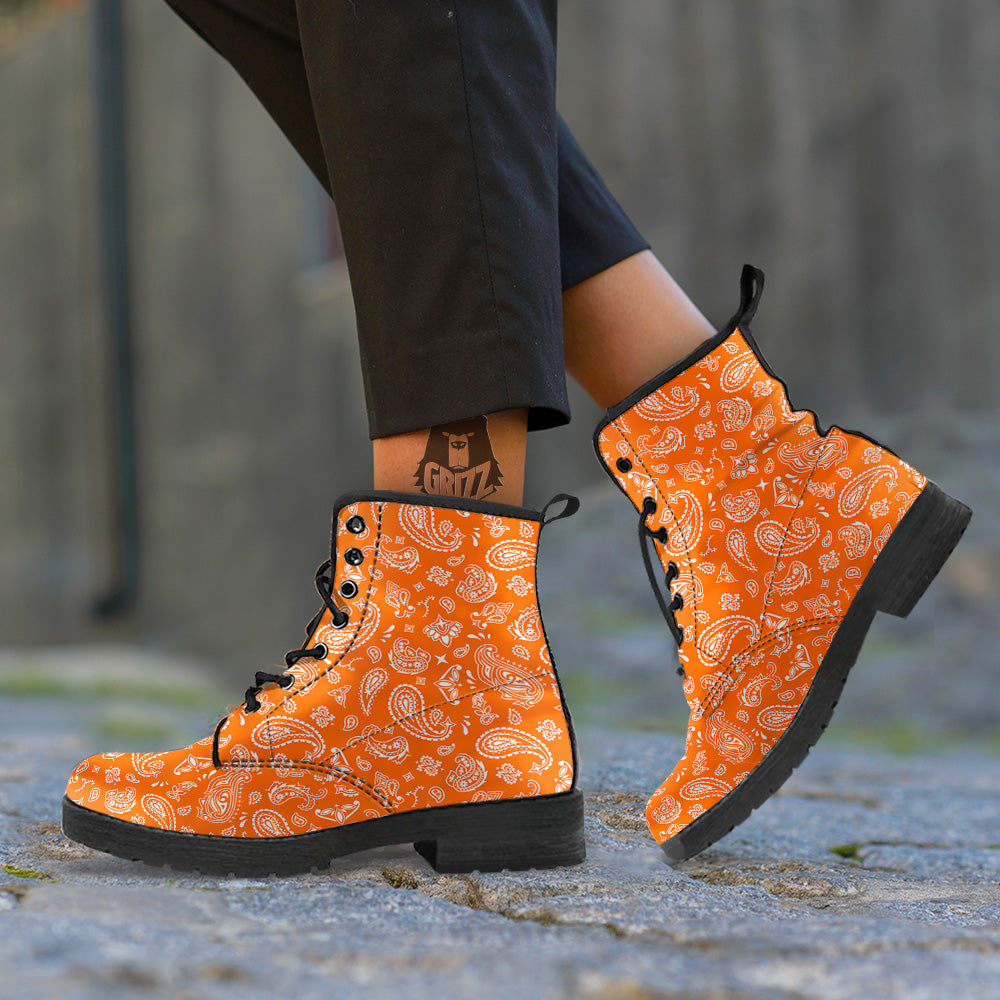 Orange Paisley Bandana Print Leather Boots-grizzshop