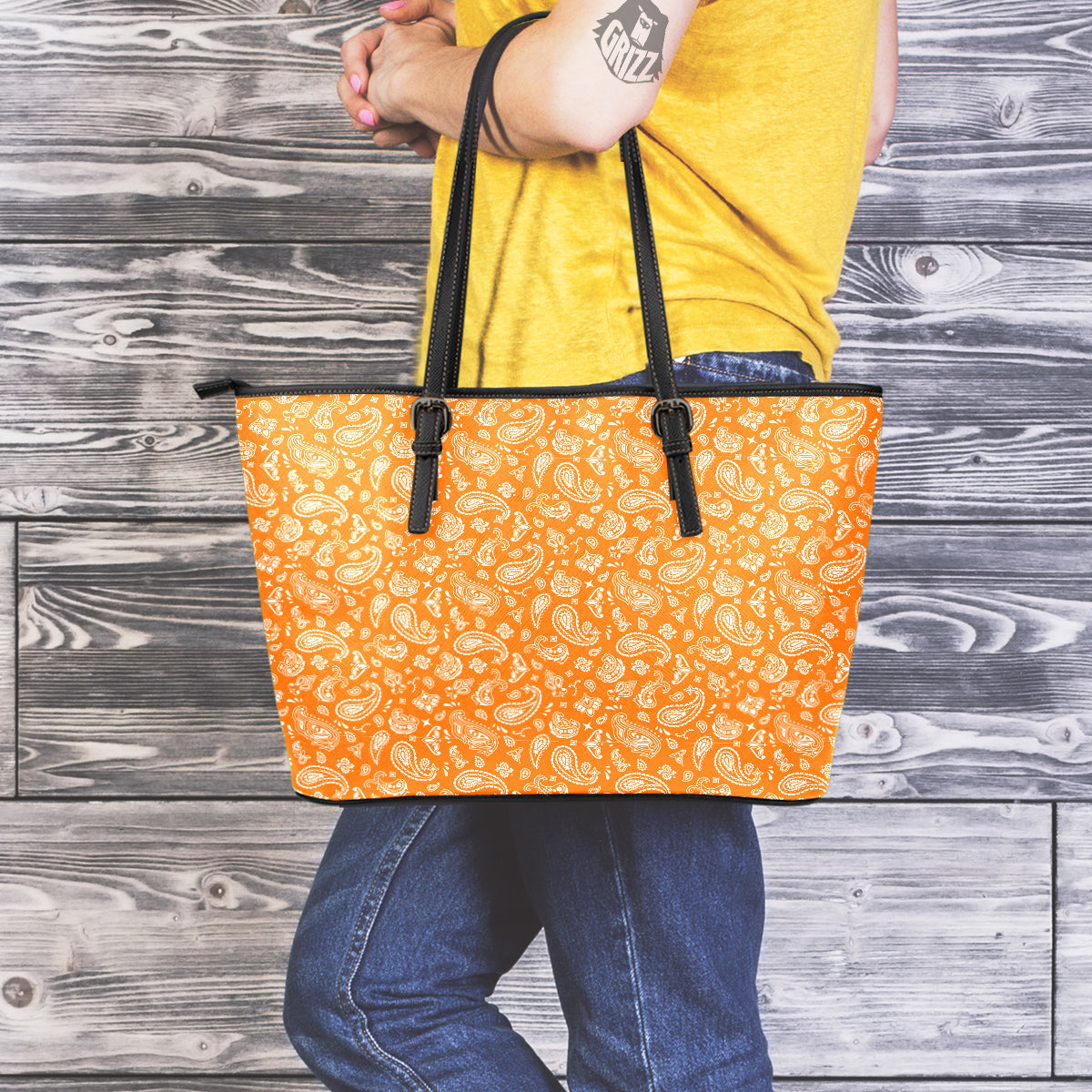 Orange Paisley Bandana Print Leather Tote Bag-grizzshop