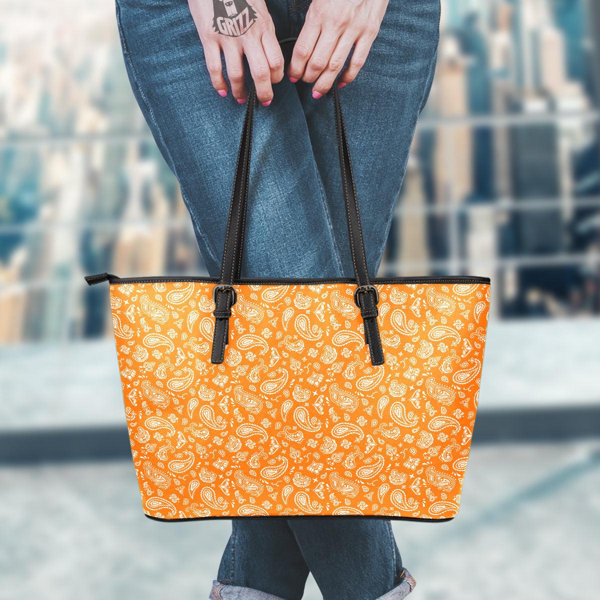 Orange Paisley Bandana Print Leather Tote Bag-grizzshop