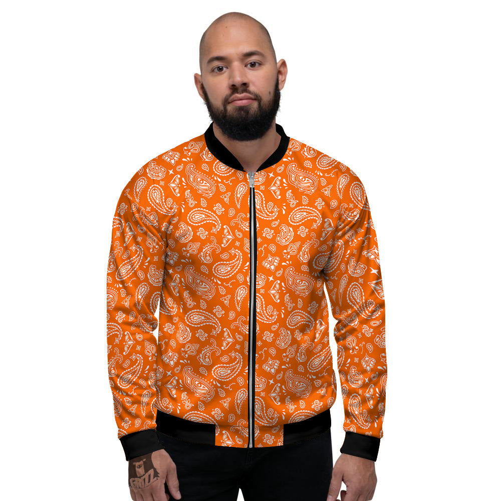 Orange Paisley Bandana Print Men's Bomber Jacket-grizzshop