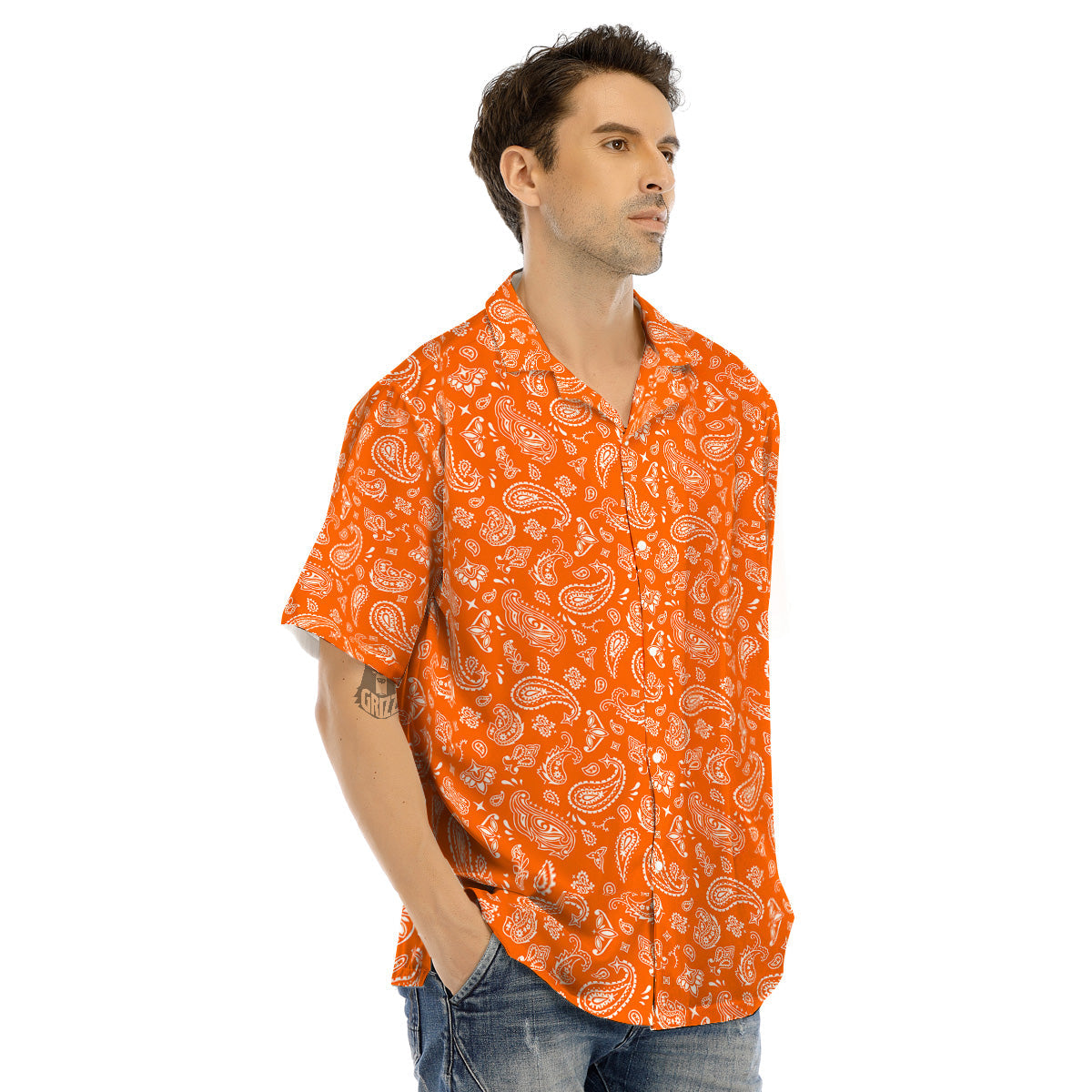 Orange Paisley Bandana Print Men’s Hawaiian Shirt-grizzshop