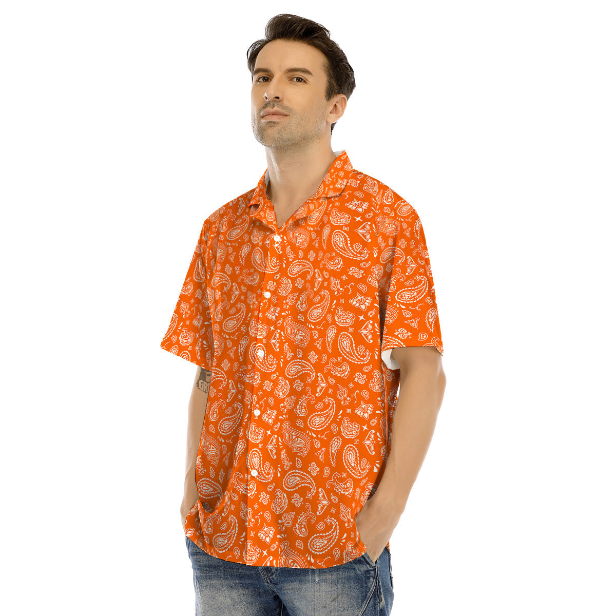 Orange Paisley Bandana Print Men’s Hawaiian Shirt-grizzshop