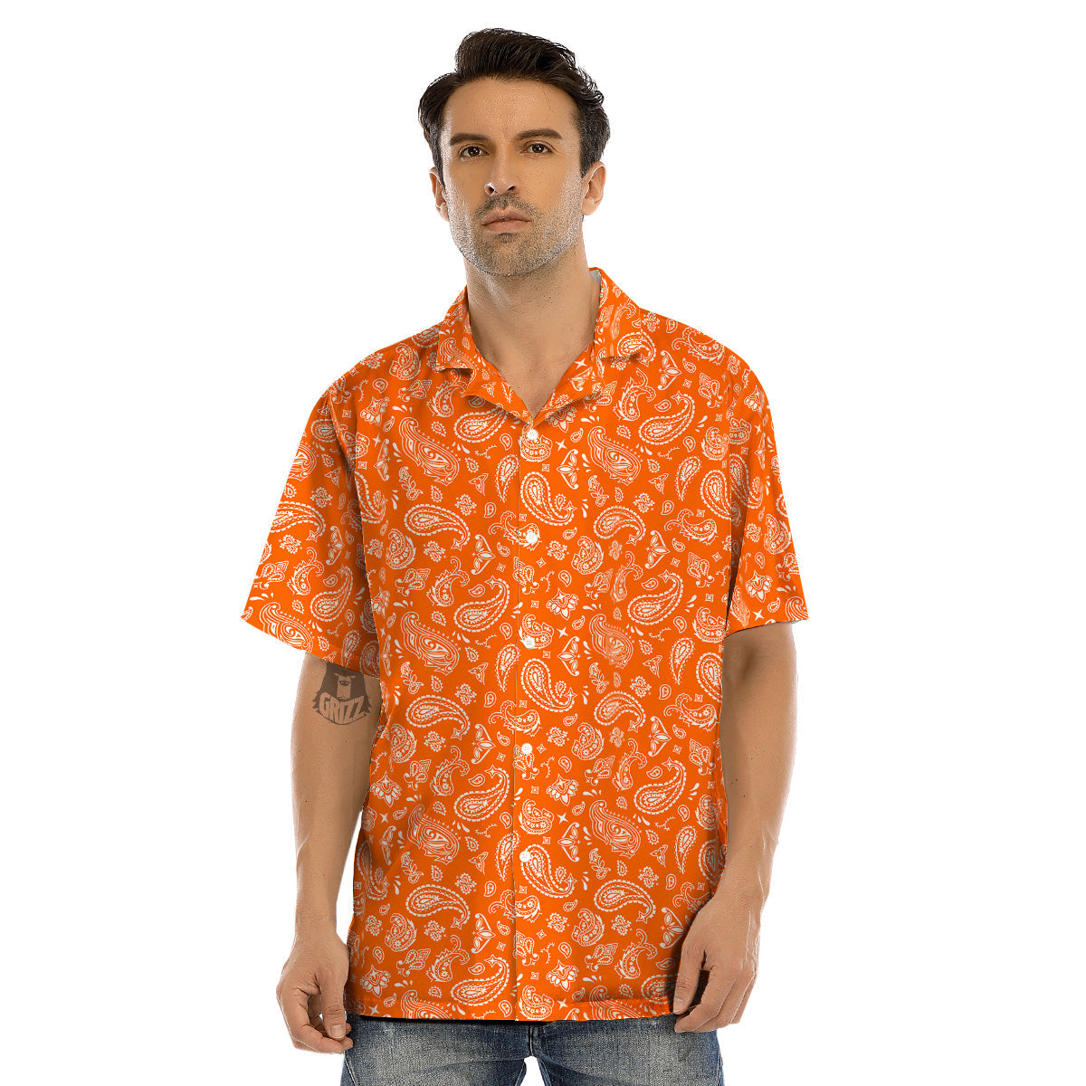Orange Paisley Bandana Print Men’s Hawaiian Shirt-grizzshop