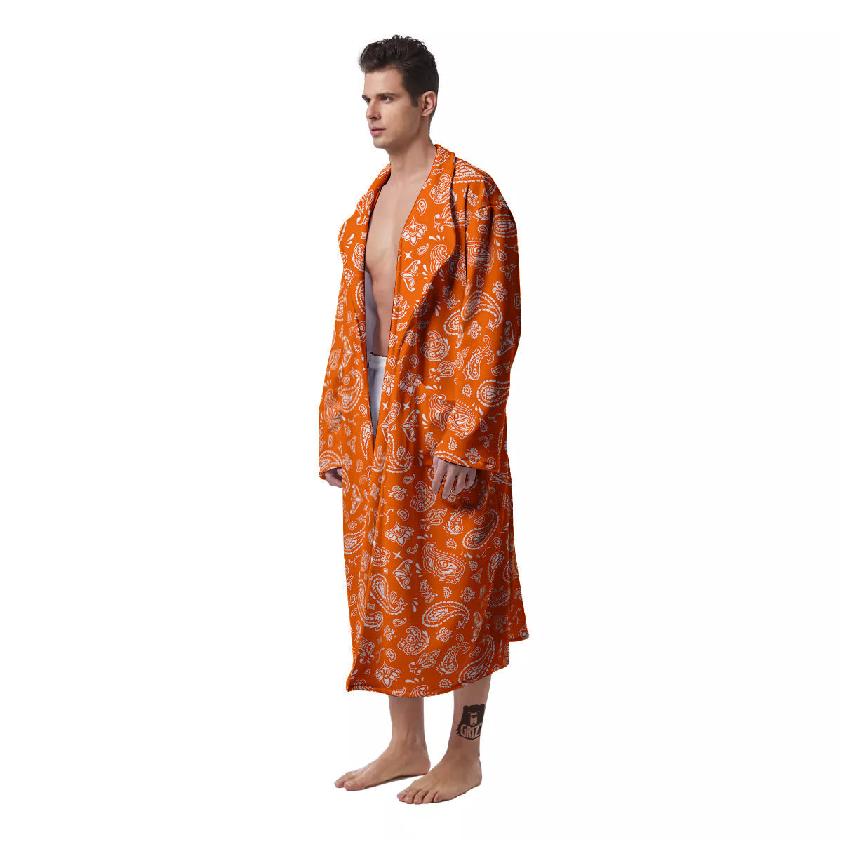 Orange Paisley Bandana Print Men's Robe-grizzshop