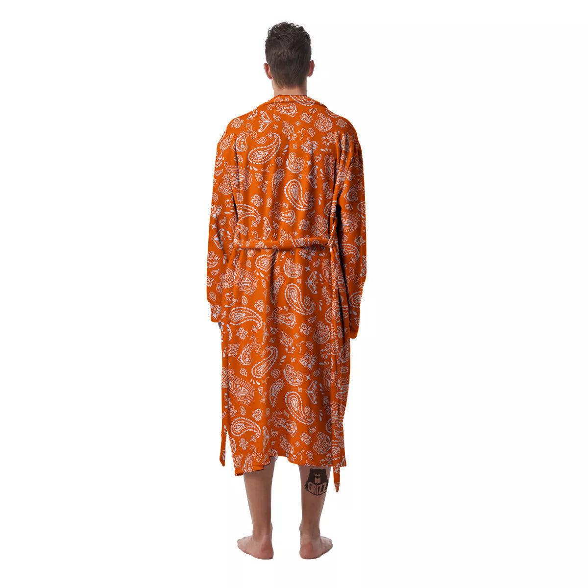 Orange Paisley Bandana Print Men's Robe-grizzshop