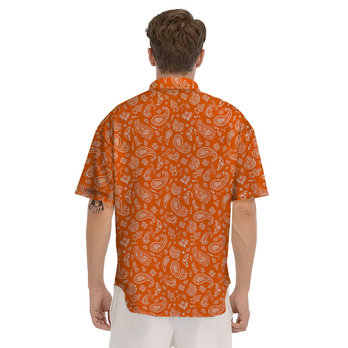 Orange Paisley Bandana Print Men's Short Sleeve Shirts-grizzshop