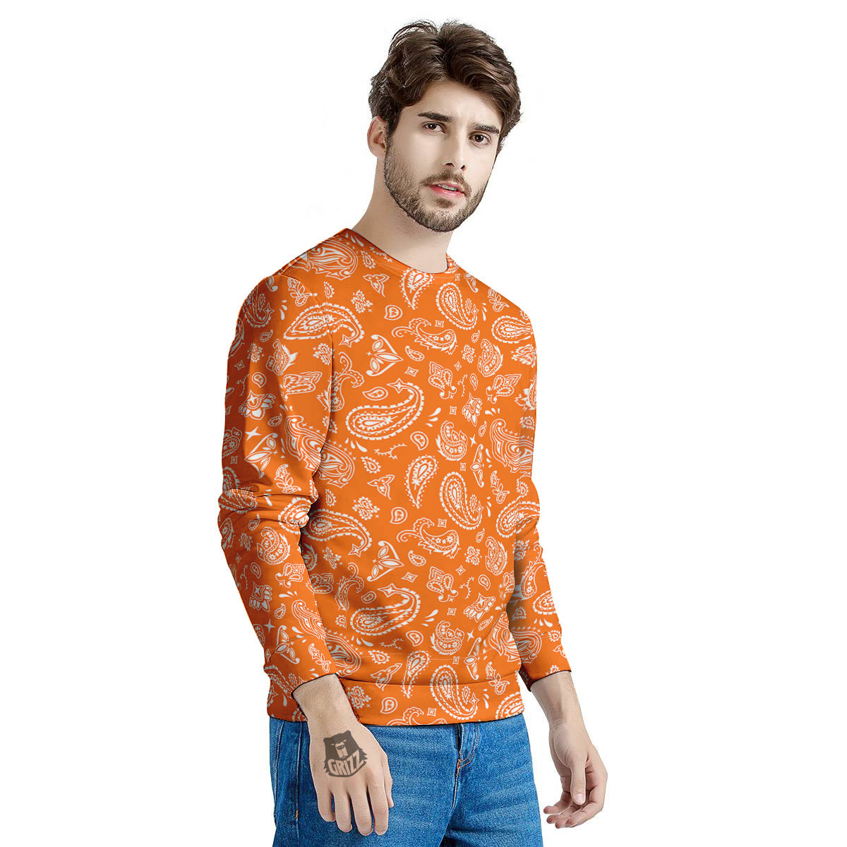 Orange Paisley Bandana Print Men's Sweatshirt-grizzshop