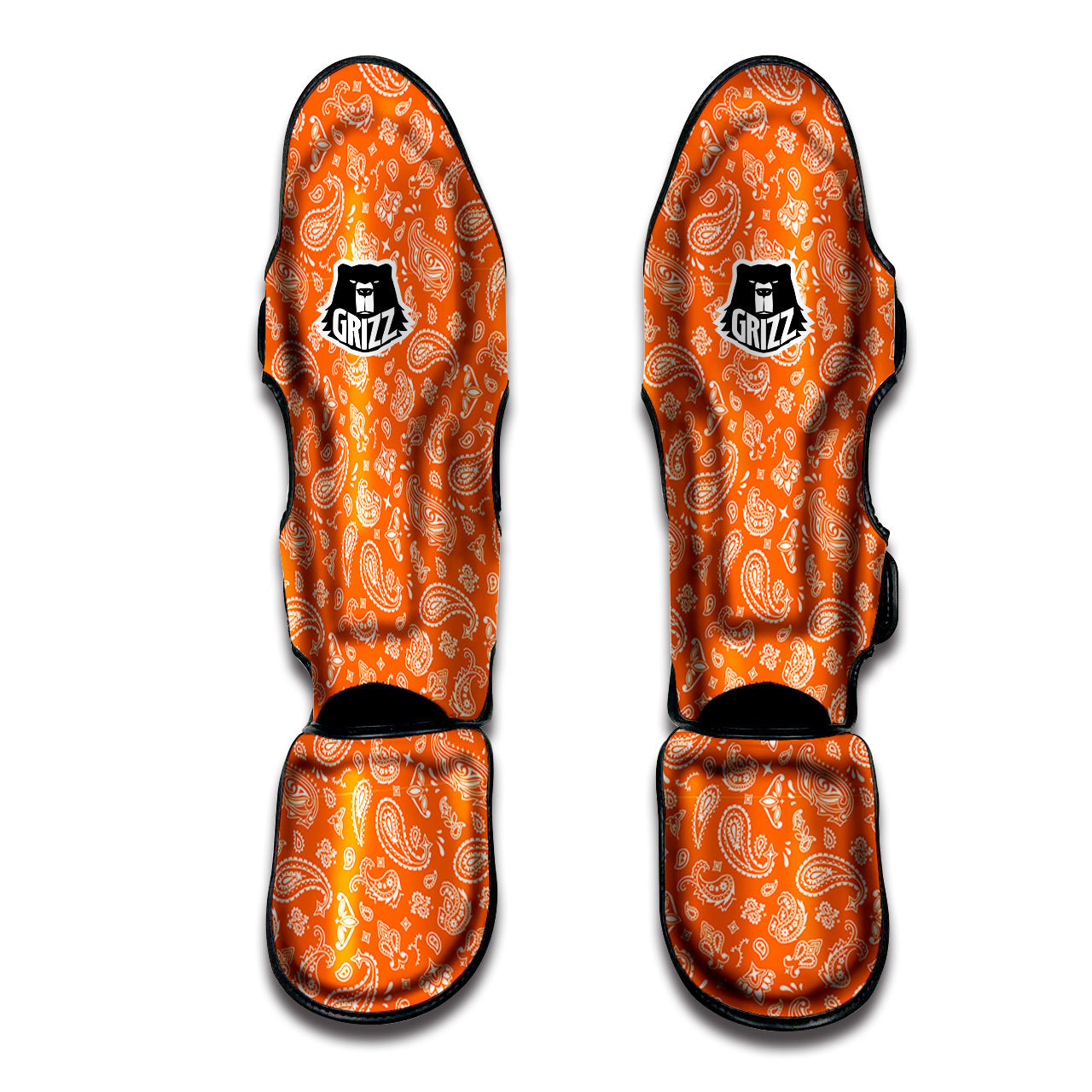 Orange Paisley Bandana Print Muay Thai Shin Guards-grizzshop