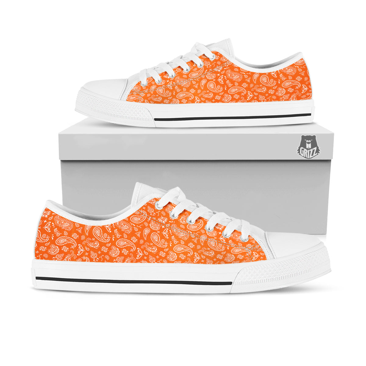 Orange Paisley Bandana Print White Low Top Shoes-grizzshop