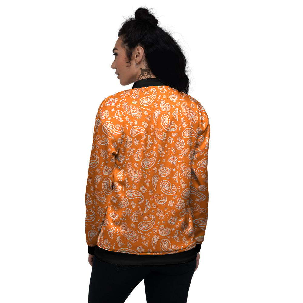 Orange Paisley Bandana Print Women's Bomber Jacket-grizzshop