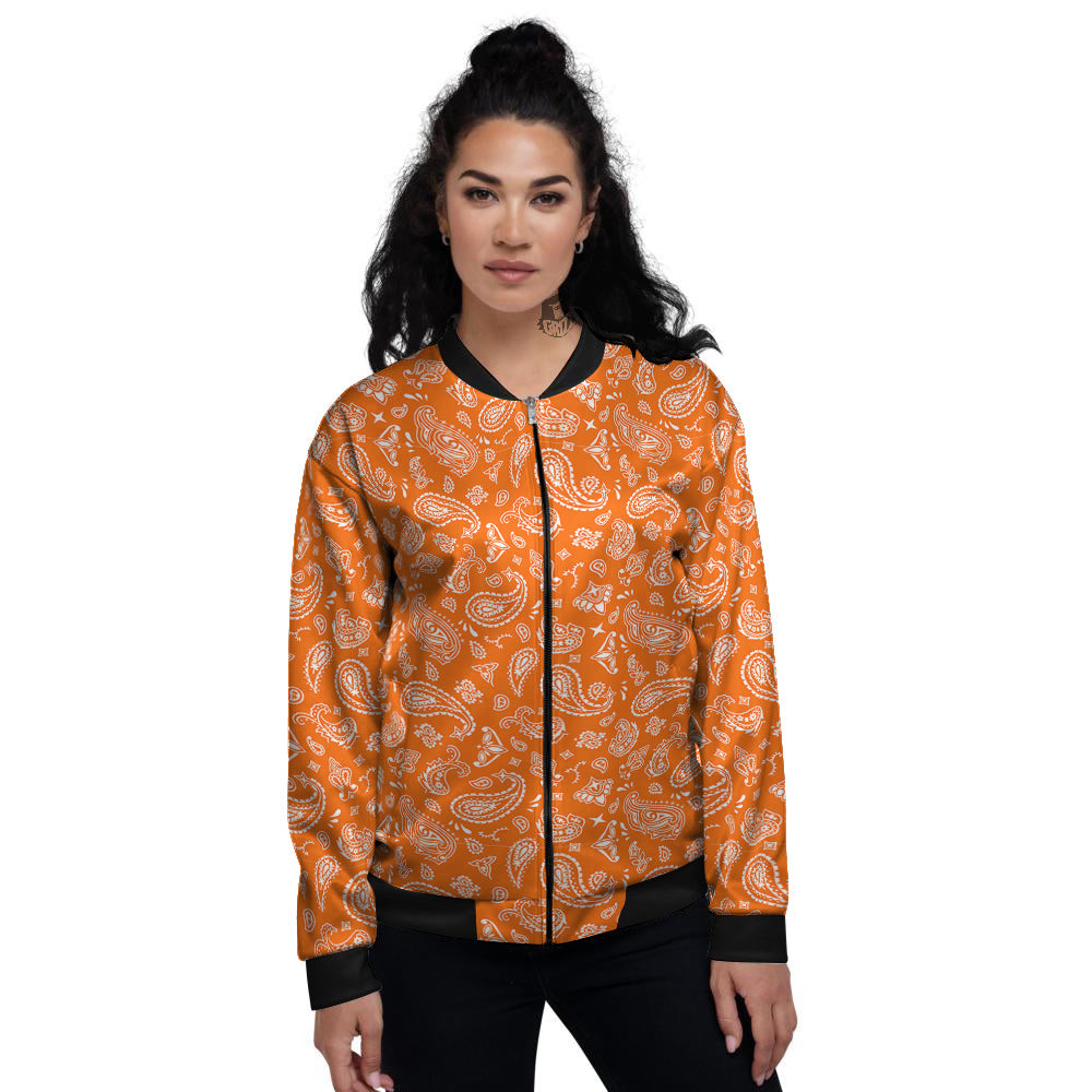 Orange Paisley Bandana Print Women's Bomber Jacket-grizzshop