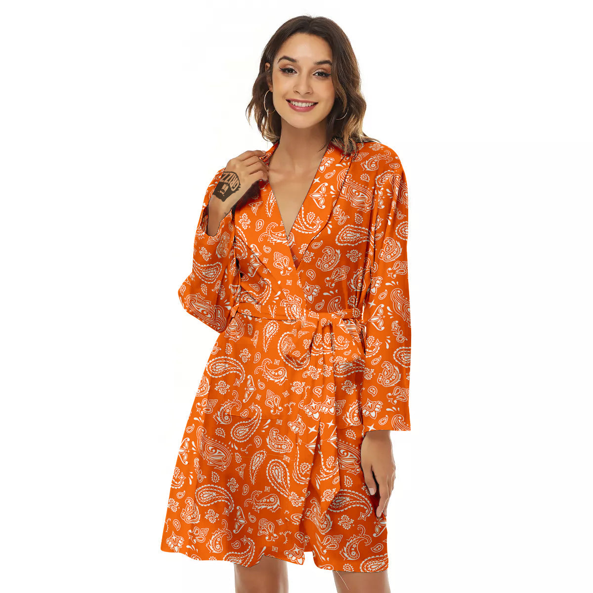 Orange Paisley Bandana Print Women's Robe-grizzshop