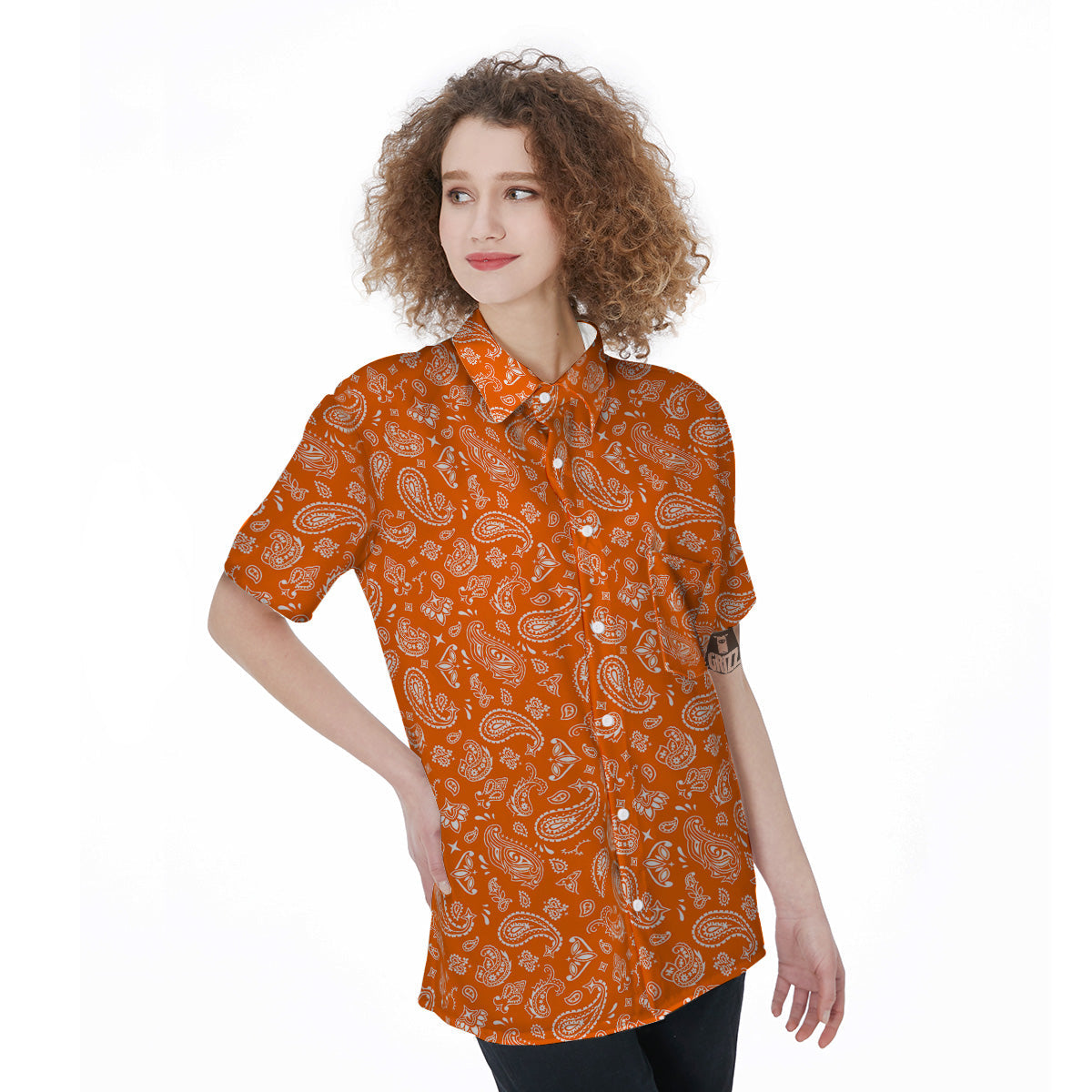 Orange Paisley Bandana Print Women's Short Sleeve Shirts-grizzshop