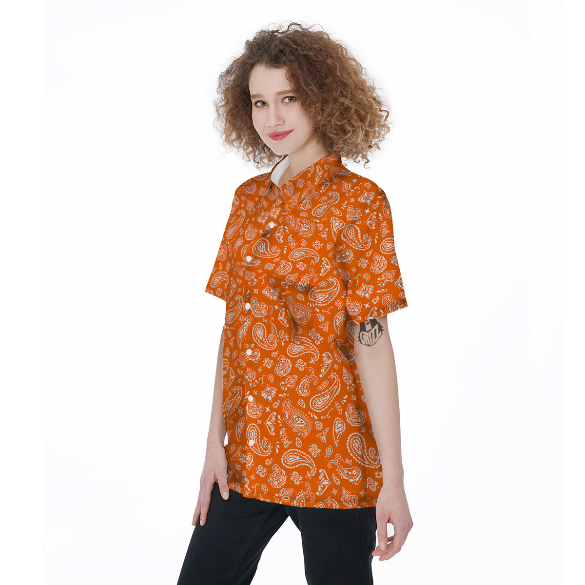 Orange Paisley Bandana Print Women's Short Sleeve Shirts-grizzshop