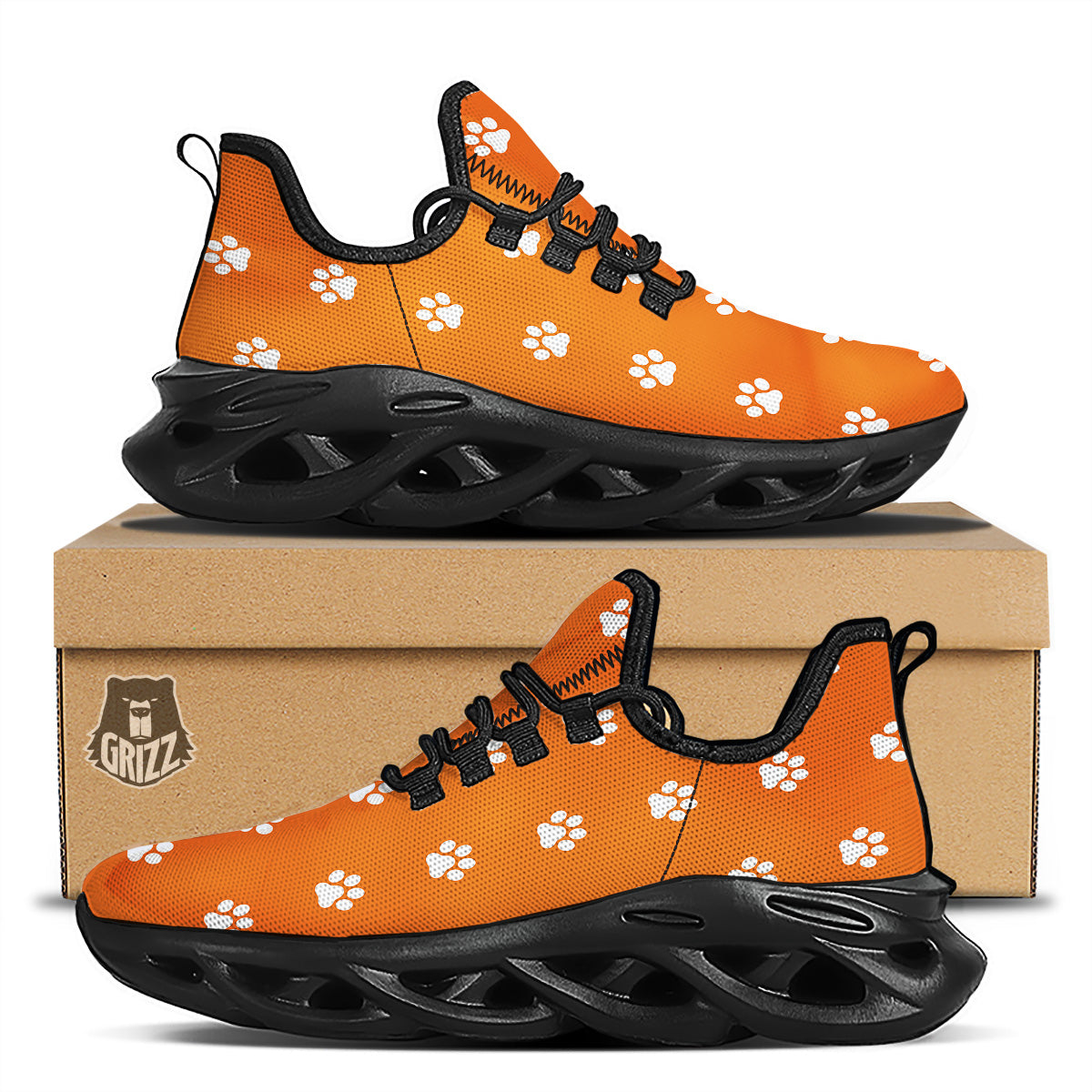 Orange Paw Print Black Running Shoes-grizzshop