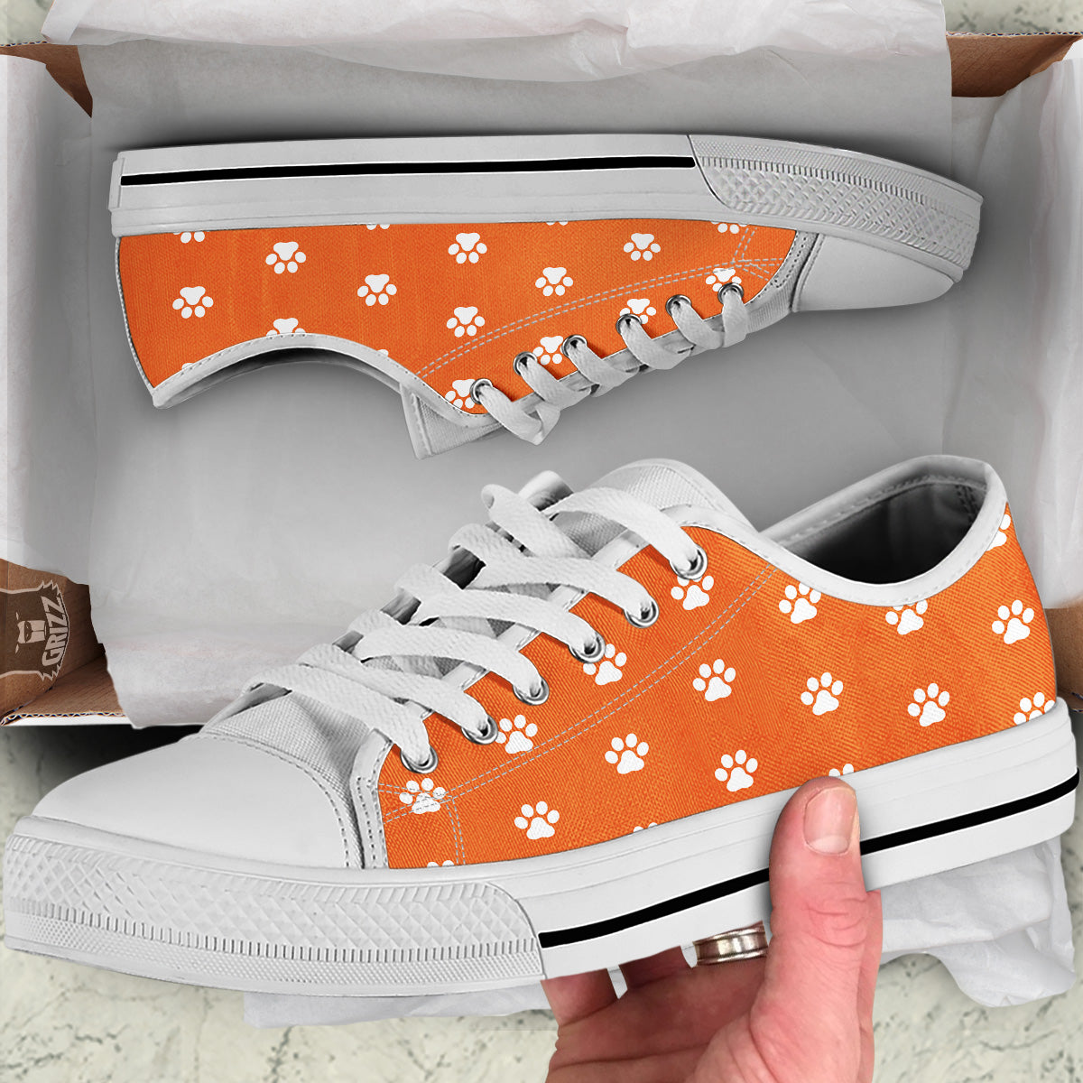 Orange Paw Print White Low Top Shoes-grizzshop