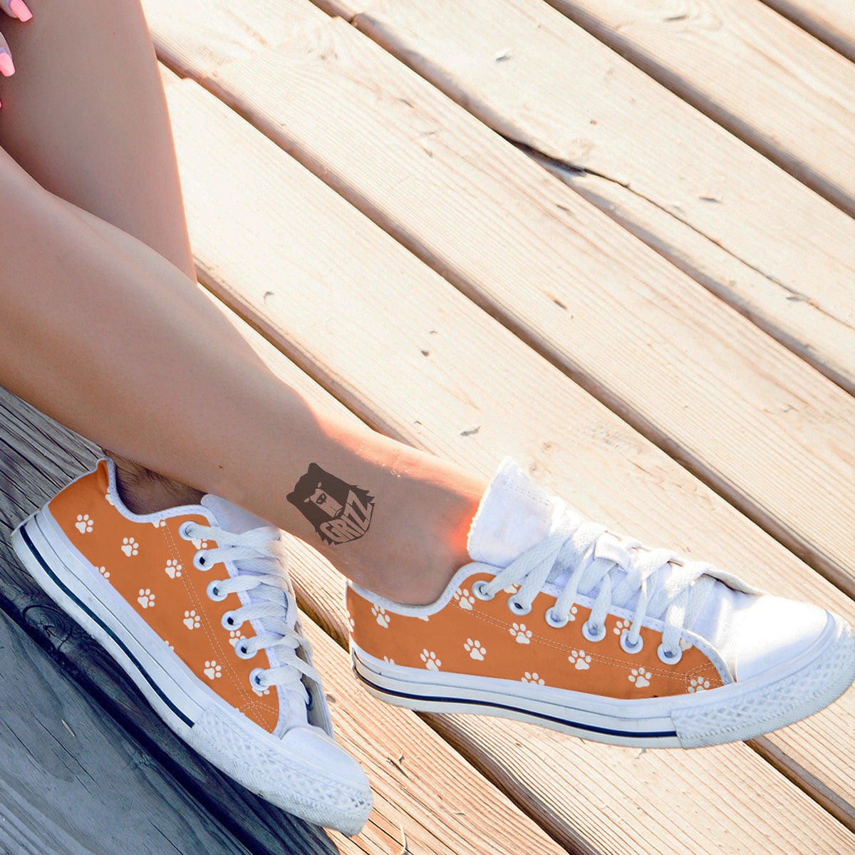 Orange Paw Print White Low Top Shoes-grizzshop