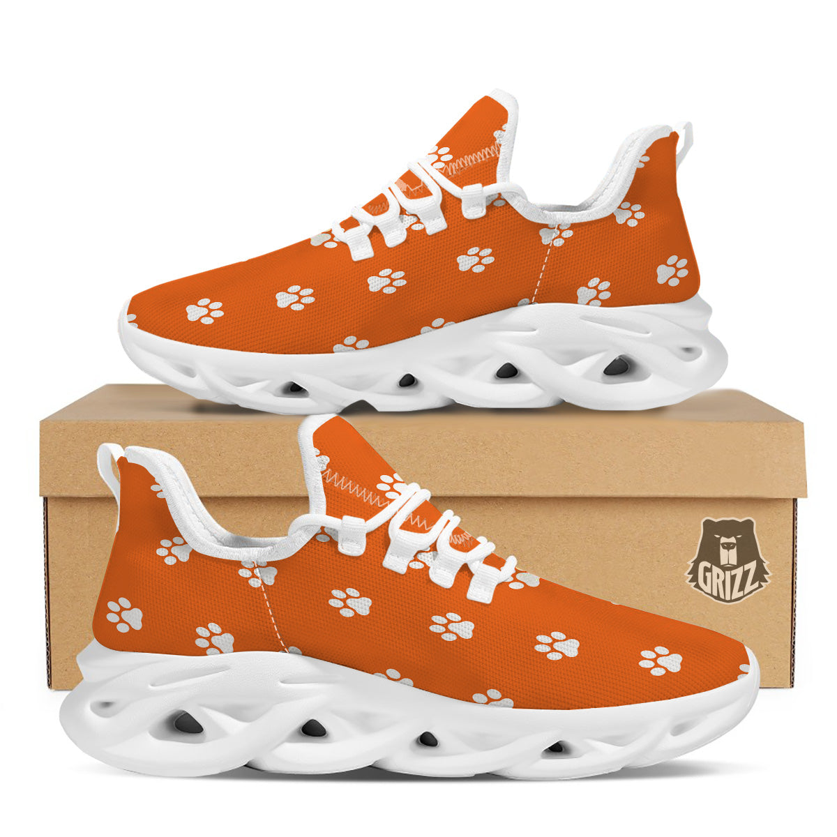 Orange Paw Print White Running Shoes-grizzshop
