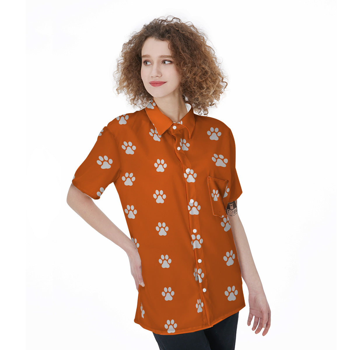 Orange Paw Print Women's Short Sleeve Shirts-grizzshop