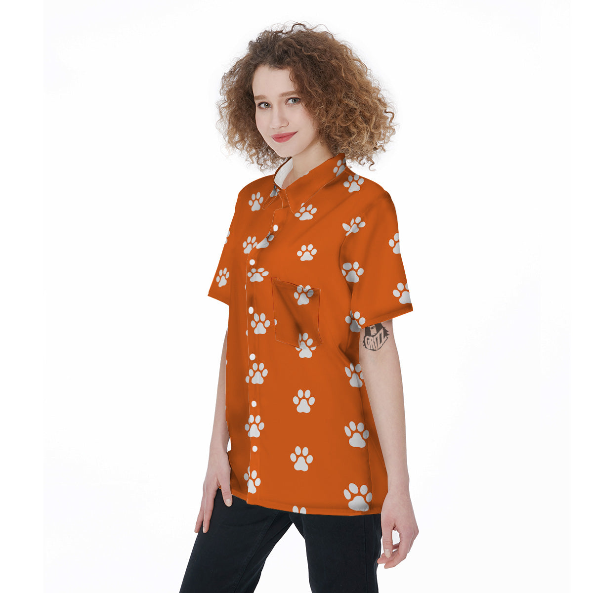 Orange Paw Print Women's Short Sleeve Shirts-grizzshop