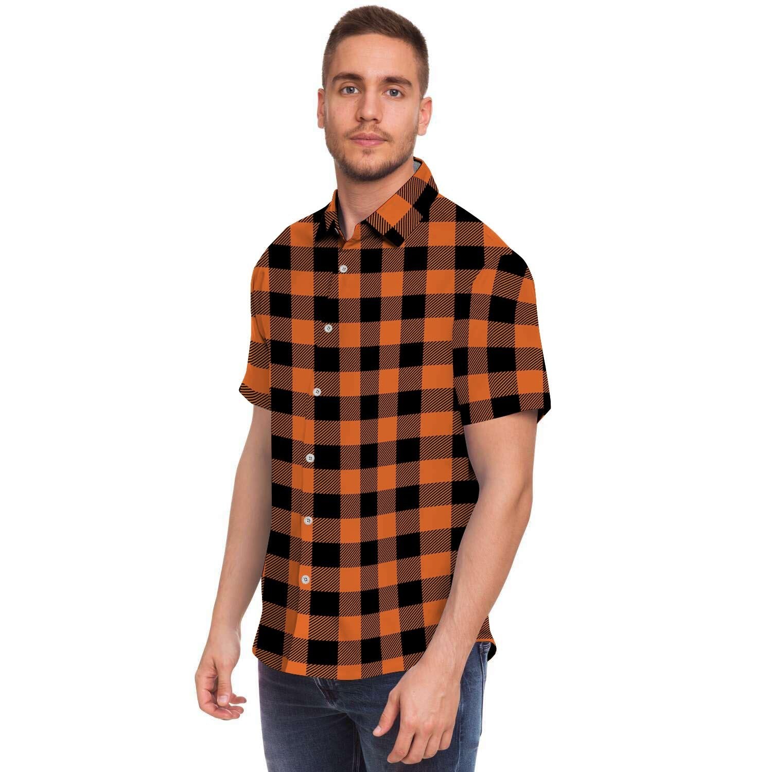 Orange Plaid Men's Short Sleeve Shirt-grizzshop
