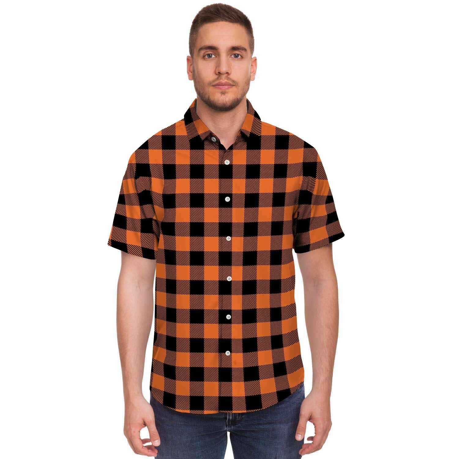 Orange Plaid Men's Short Sleeve Shirt-grizzshop