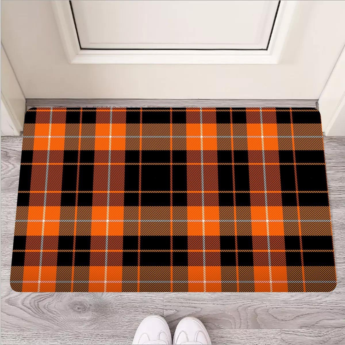 Orange Plaid Tartan Door Mat-grizzshop
