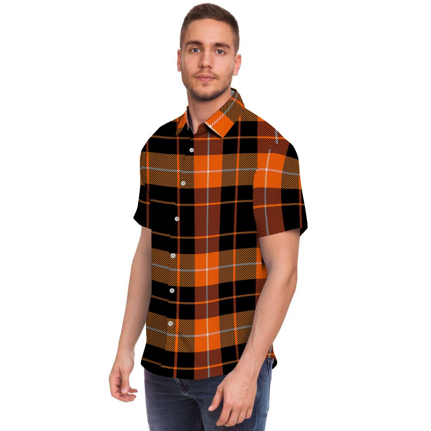 Orange Plaid Tartan Men's Short Sleeve Shirt-grizzshop