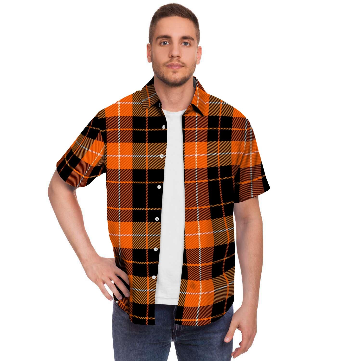 Orange Plaid Tartan Men's Short Sleeve Shirt-grizzshop
