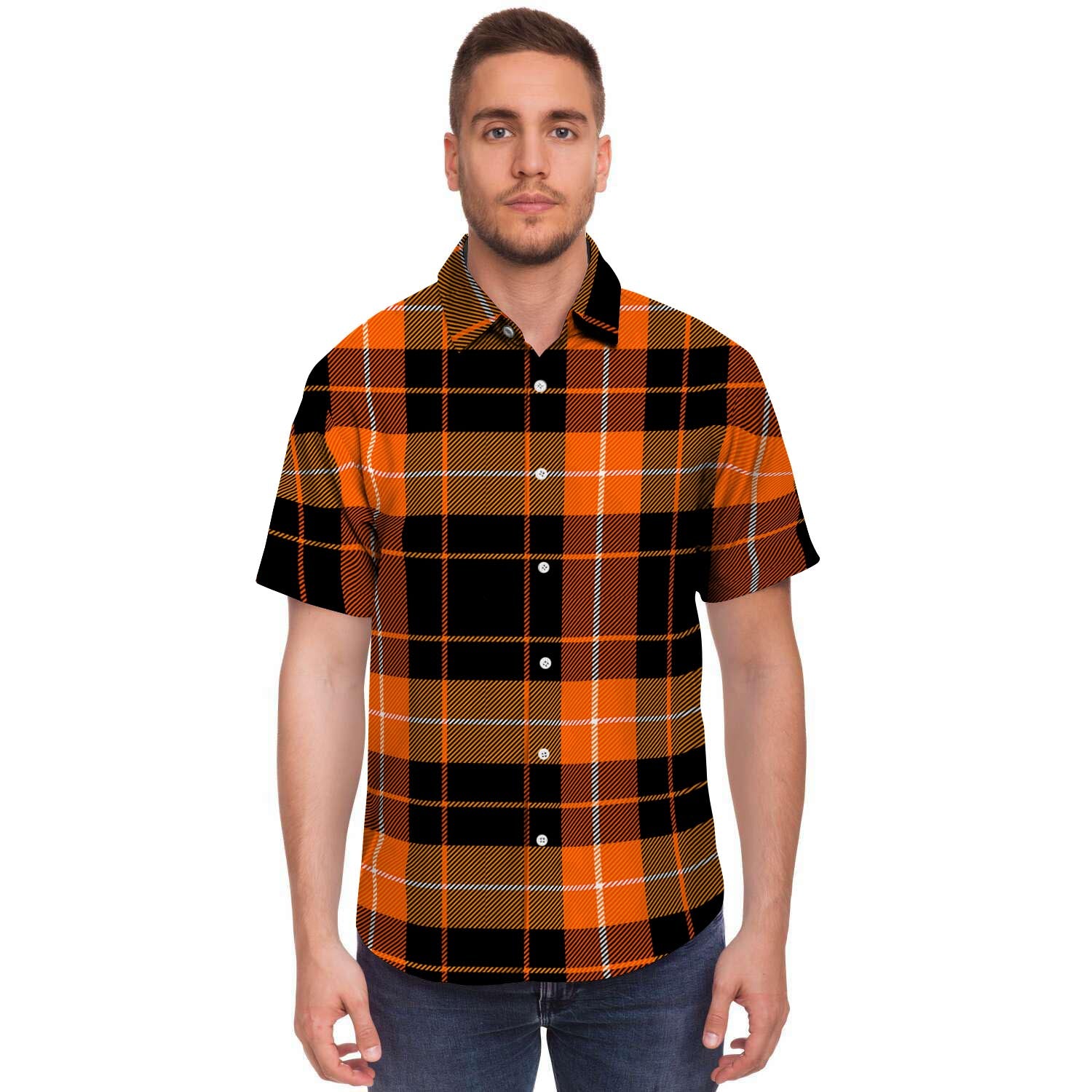 Orange Plaid Tartan Men's Short Sleeve Shirt-grizzshop