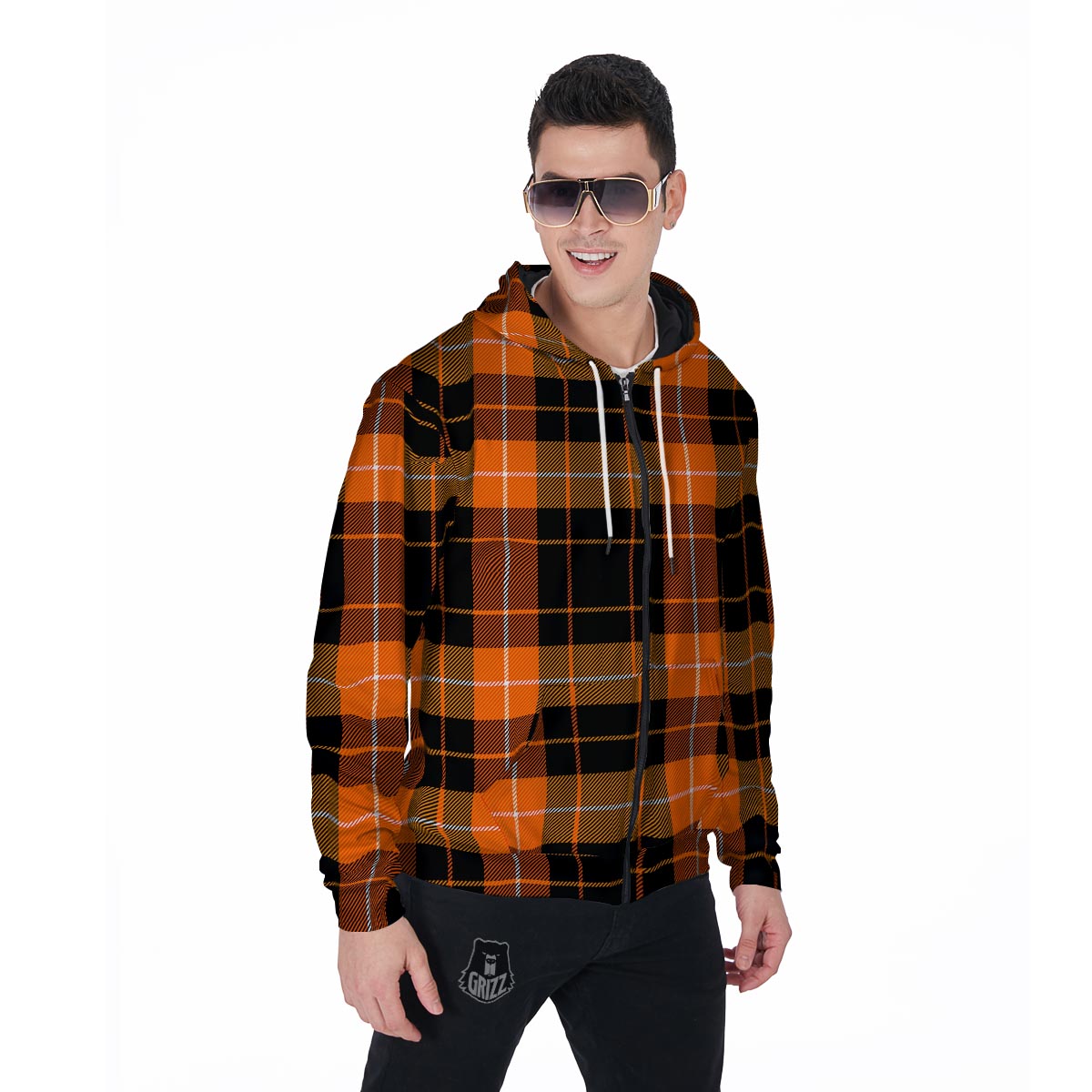 Orange Plaid Tartan Men's Zip Up Hoodie-grizzshop