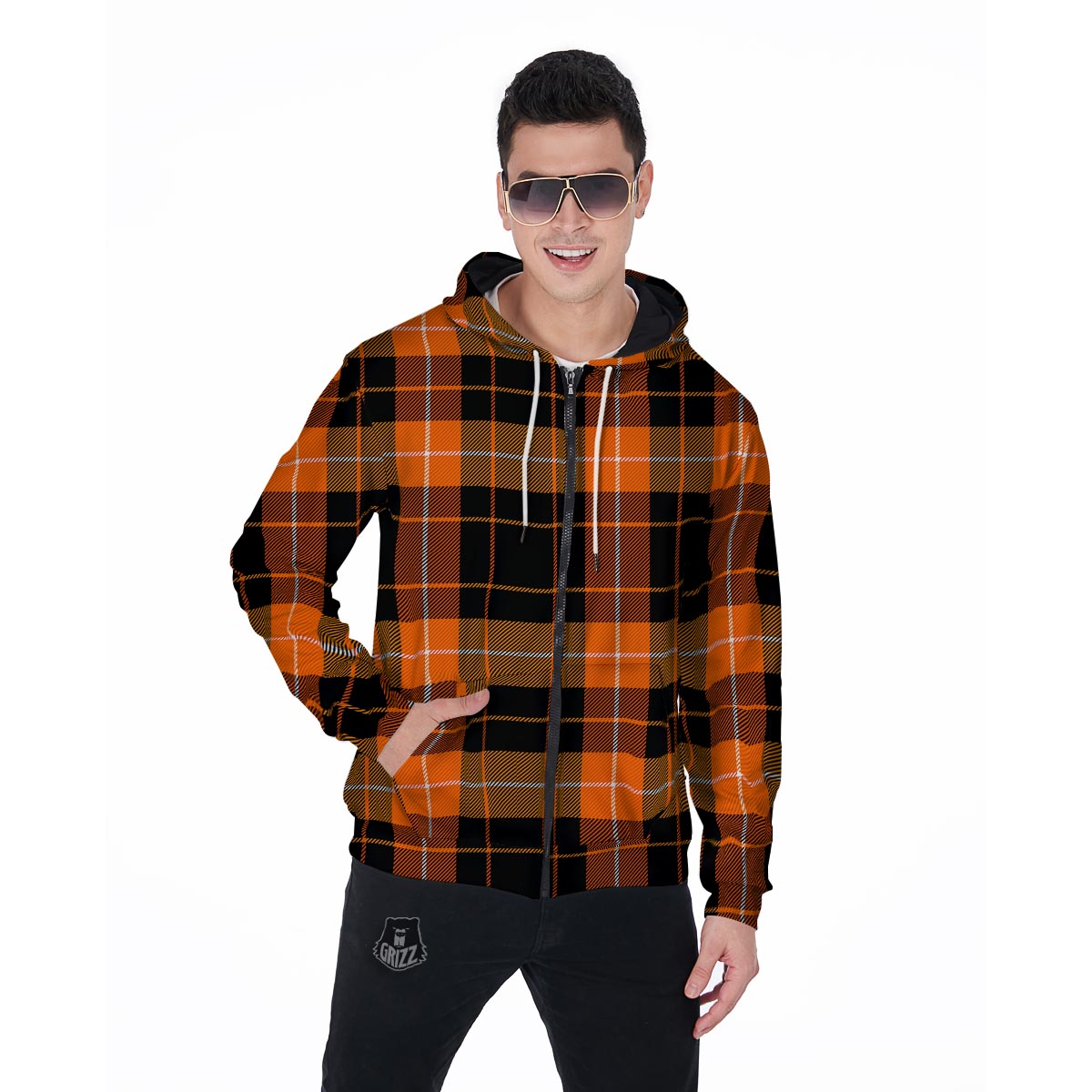 Orange Plaid Tartan Men's Zip Up Hoodie-grizzshop