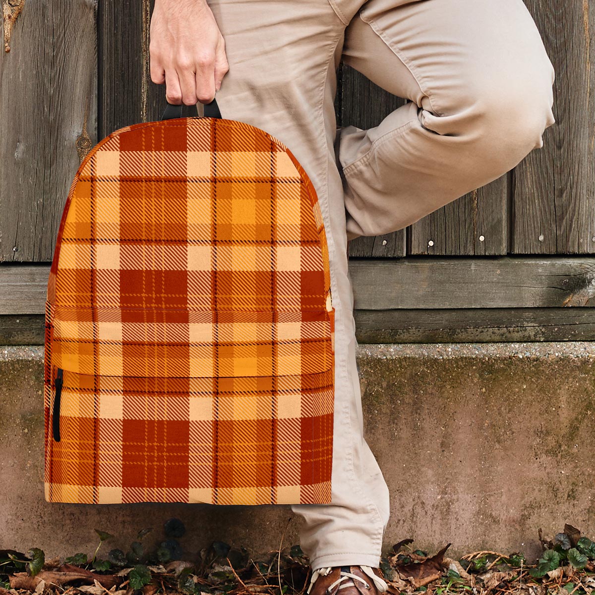 Orange Plaid Tartan Print Backpack-grizzshop