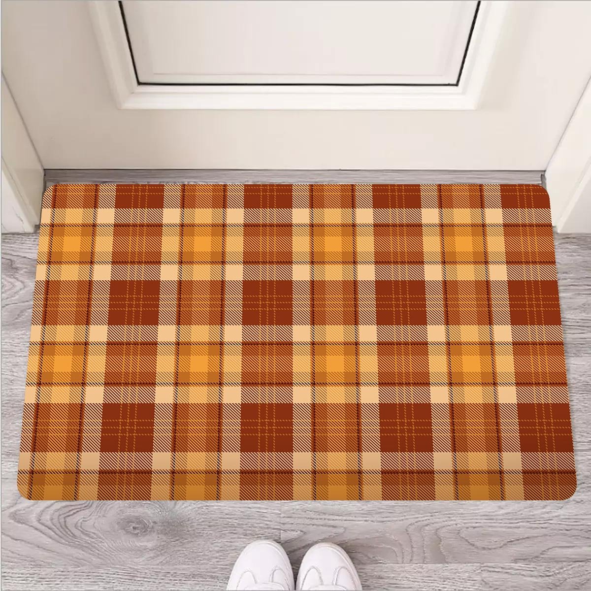 Orange Plaid Tartan Print Door Mat-grizzshop