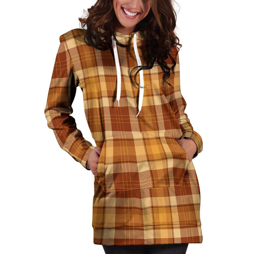 Orange Plaid Tartan Print Hoodie Dress-grizzshop