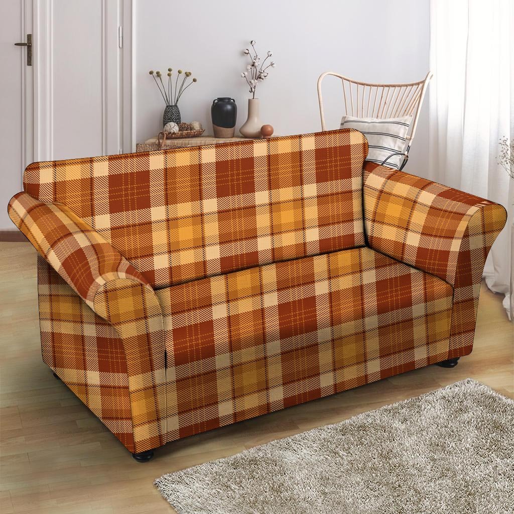 Orange Plaid Tartan Print Loveseat Cover-grizzshop