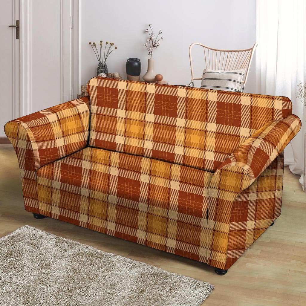 Orange Plaid Tartan Print Loveseat Cover-grizzshop