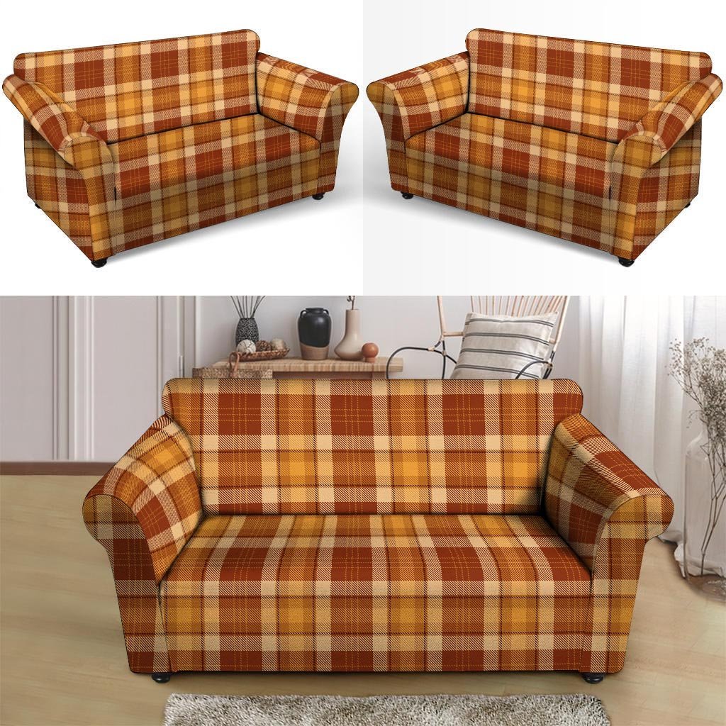 Orange Plaid Tartan Print Loveseat Cover-grizzshop