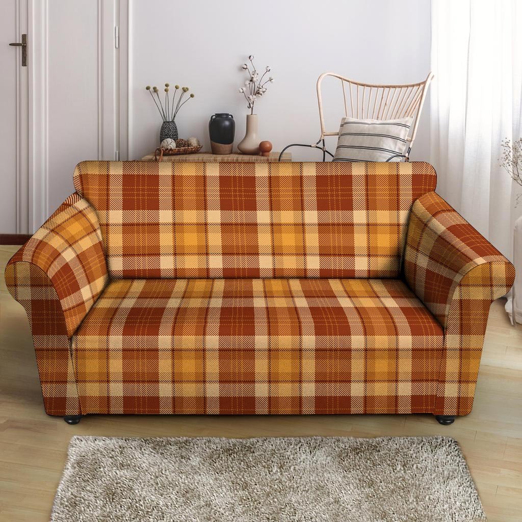 Orange Plaid Tartan Print Loveseat Cover-grizzshop