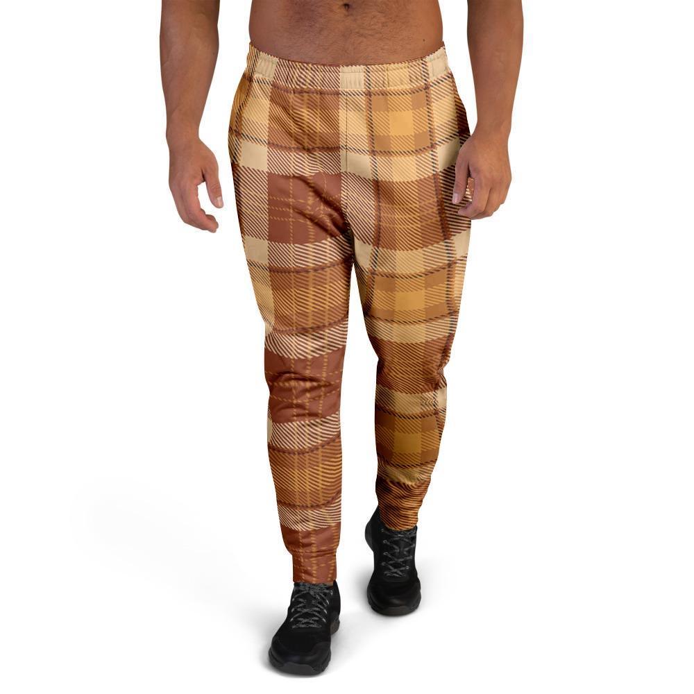 Orange Plaid Tartan Print Men's Joggers-grizzshop