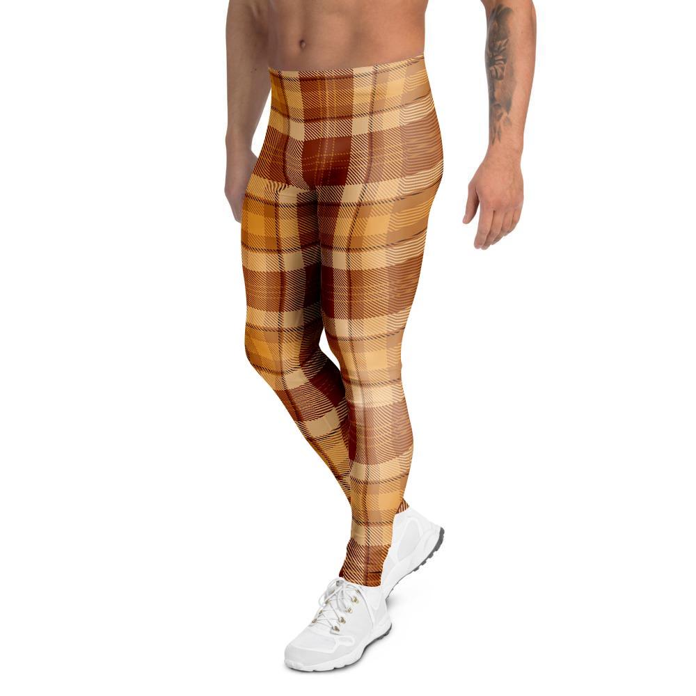 Orange Plaid Tartan Print Men's Leggings-grizzshop