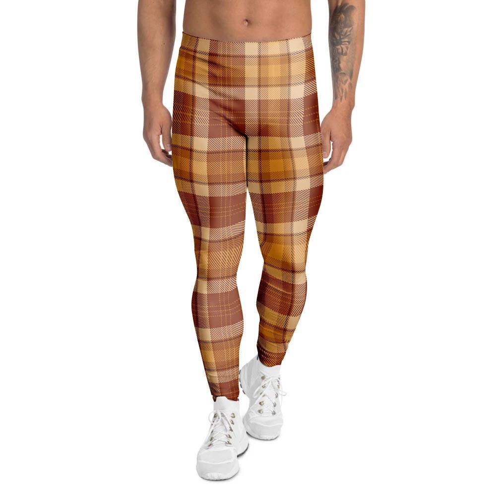 Orange Plaid Tartan Print Men's Leggings-grizzshop