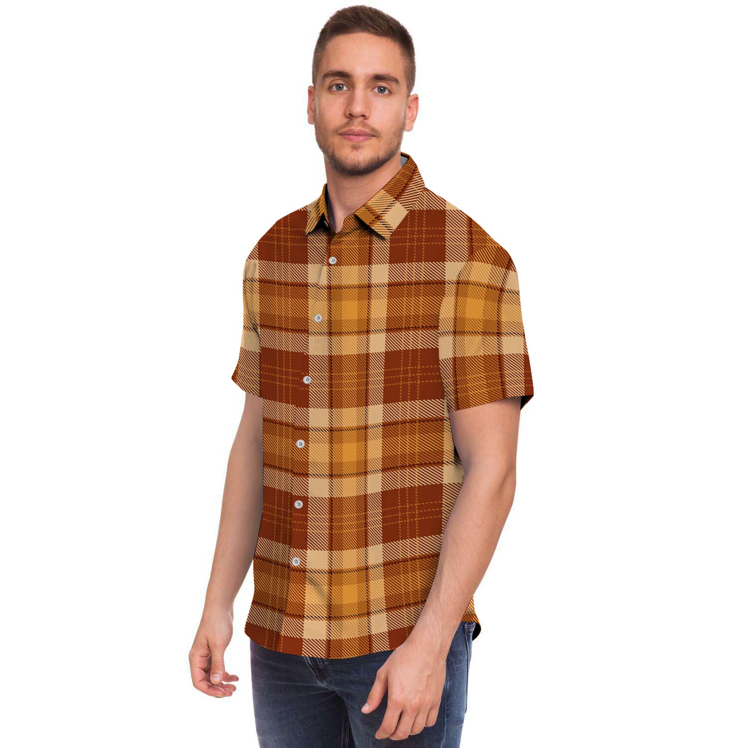 Orange Plaid Tartan Print Men's Short Sleeve Shirt-grizzshop