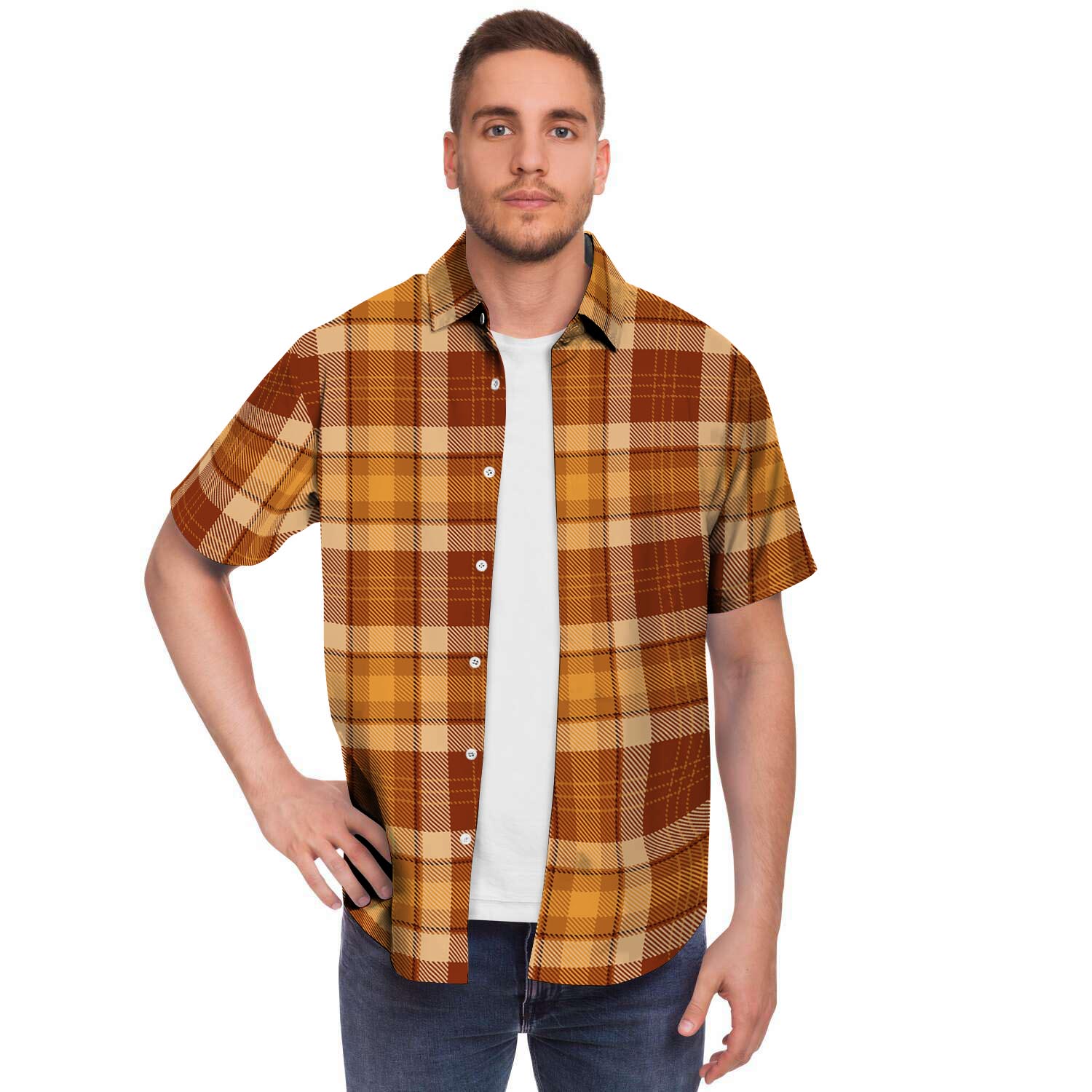 Orange Plaid Tartan Print Men's Short Sleeve Shirt-grizzshop