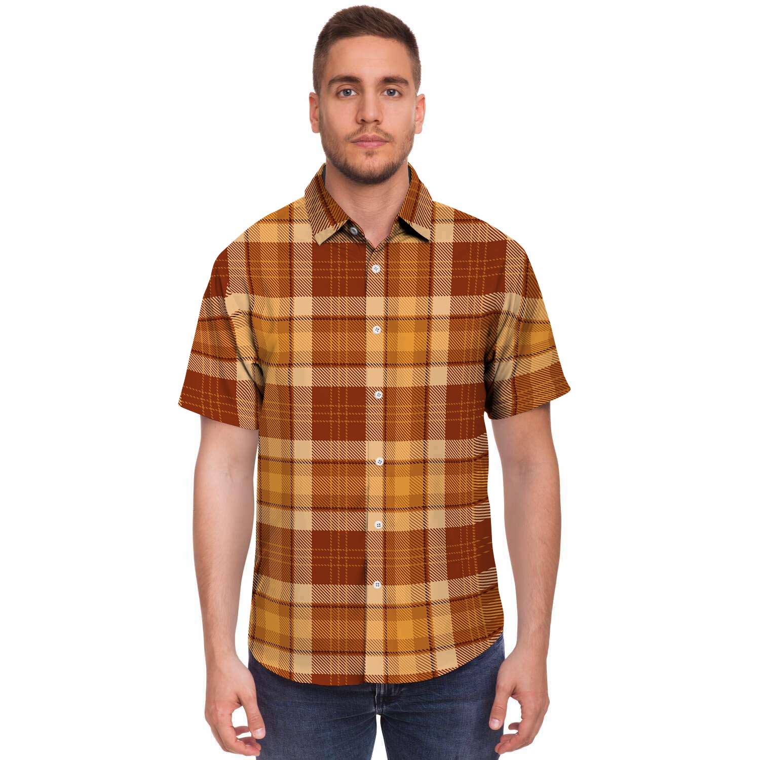 Orange Plaid Tartan Print Men's Short Sleeve Shirt-grizzshop