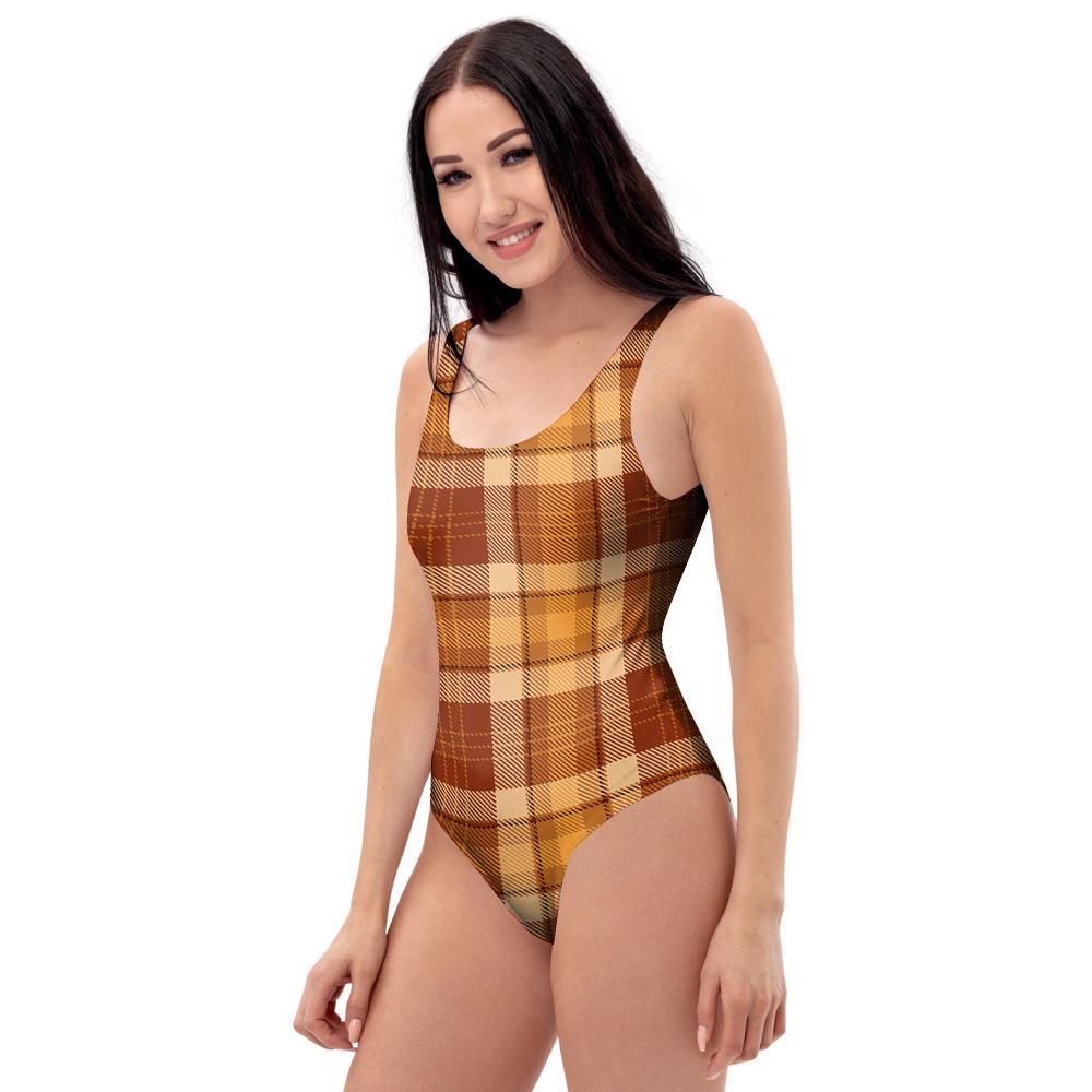 Orange Plaid Tartan Print One Piece Swimsuite-grizzshop