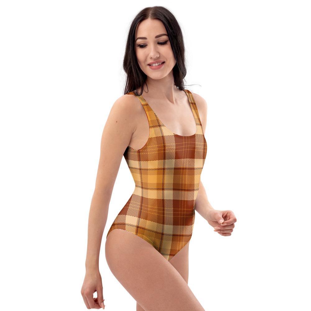 Orange Plaid Tartan Print One Piece Swimsuite-grizzshop